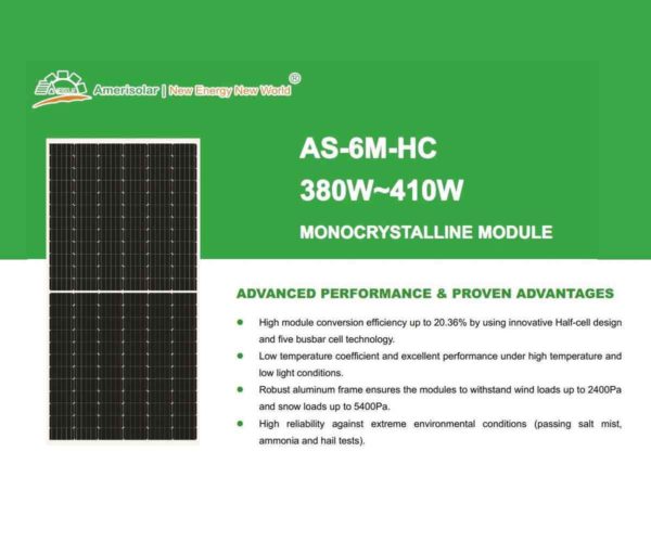 Panel Solar Monocristalino 400W 24V Half Cell 144 Celdas Amerisolar AS-6M-HC  - Image 2